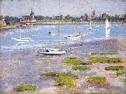 Theodore Robinson Theodore Robinson, Low Tide Riverside Yacht Club Spain oil painting artist